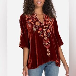 Johnny Was Taline Easy V-Neck Embroidered Crushed Velvet Top In Rust-Size Medium